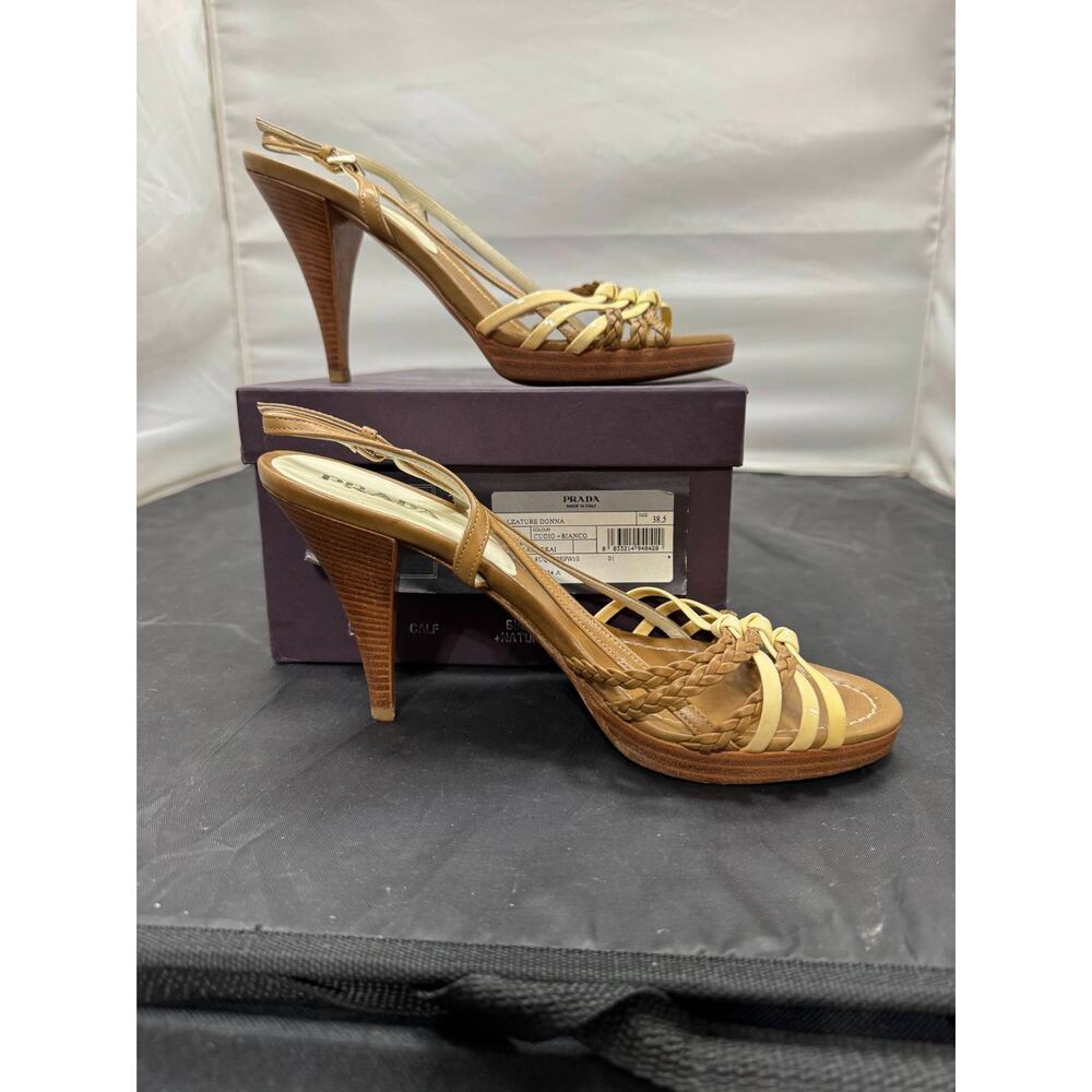 Prada 1X871R Antic Calf Slingback Heels Cuoio Bianco Tan White US 8.5 EU 38.5 - Picture 6 of 10